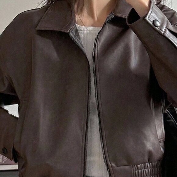 Brown Casual Womens Short faux Leather Jacket - Picture 5 of 7